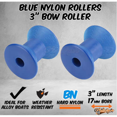 2x Blue Nylon Roller 3" Bow Roller 17mm Bore Alloy Boat Marine Trailer Winch Bow