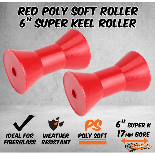 2x Red Poly Soft 6" Super Keel Roller 17mm Bore Fiberglass Boat Trailer Jet Ski