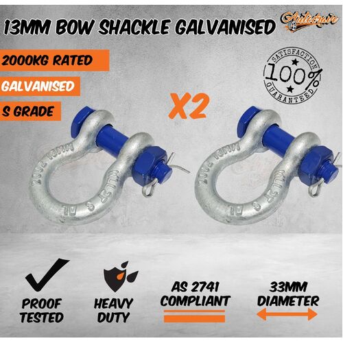 2 x Rated Galvanised Bow Shackle 13mm WLL 2000kg S Grade Safety Truck Trailer