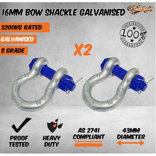 2 x Rated Galvanised Bow Shackle 16mm WLL 3200kg S Grade Safety Truck Trailer