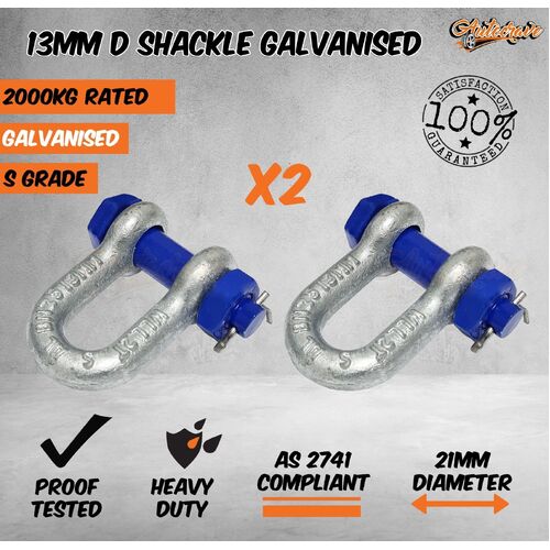 2 x Rated Galvanised D Shackle 13mm WLL 2000kg S Grade Safety Truck Trailer