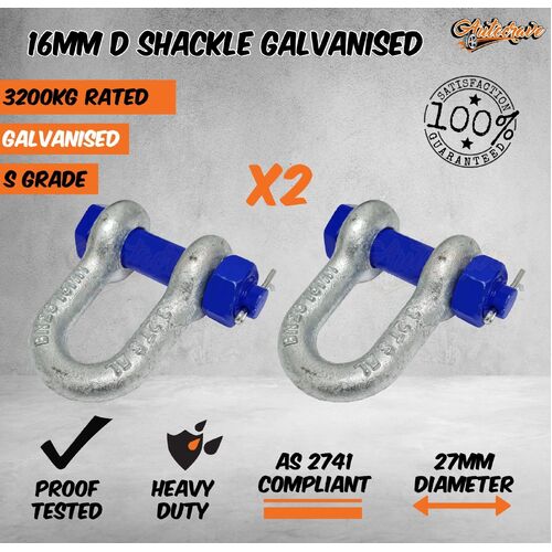 2 x Rated Galvanised D Shackle 16mm WLL 3200kg S Grade Safety Truck Trailer