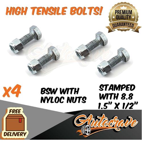 4 x Hex Bolt 8.8 High Tensile Coupling Bolt Nyloc Nut 1.5" x 1/2" Trailer Zinc