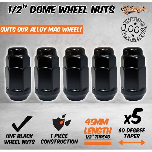 5 x 1/2" Black Wheel Dome Nuts 45mm Unf Thread Trailer Car Ford Mag Rim Acorn