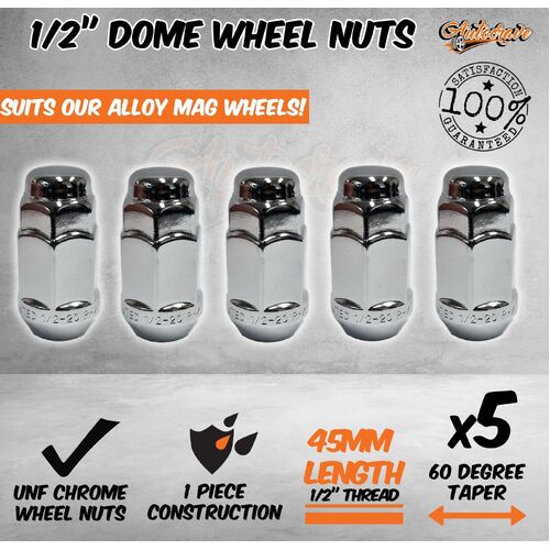 5 x 1/2" Chrome Wheel Dome Nuts 45mm Unf Thread Trailer Car Ford Mag Rim Acorn