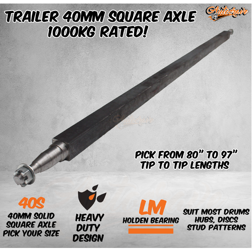 Trailer Square Solid 40mm Square Axle Axel Caravan Hub Drum Disc 1000kg 80-97"