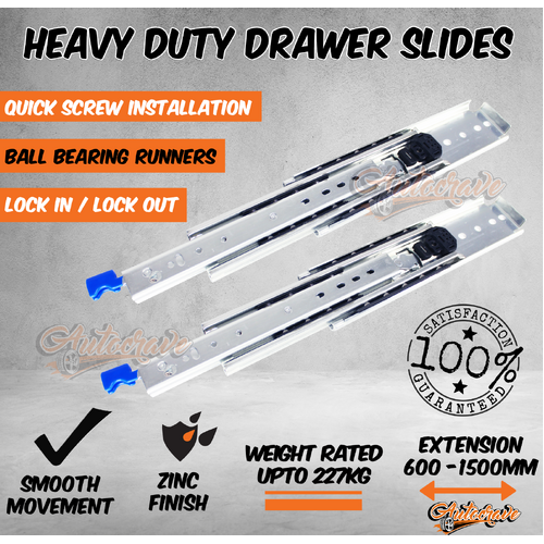 Heavy Duty Drawer Slides Runners Locking 600-1500mm 4WD Fridge 150-225kg Trailer