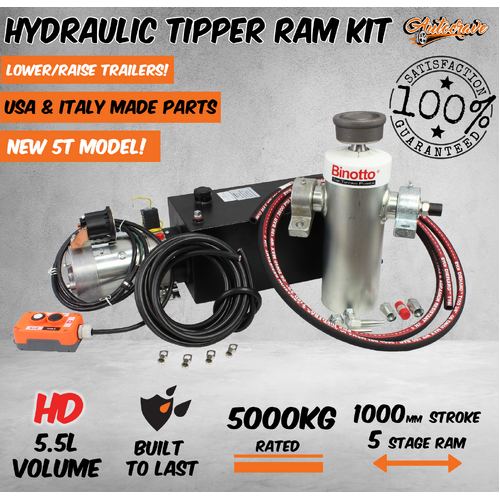 Hydraulic Ram Cylinder Tipper Trailer Kit Pump 1000mm Stroke 5 Stage 5000kg HD