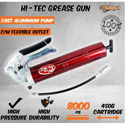 Hi-Tec Grease Gun Pistol Grip 8000 PSI Industrial Quality Dual Flow Pump Hose