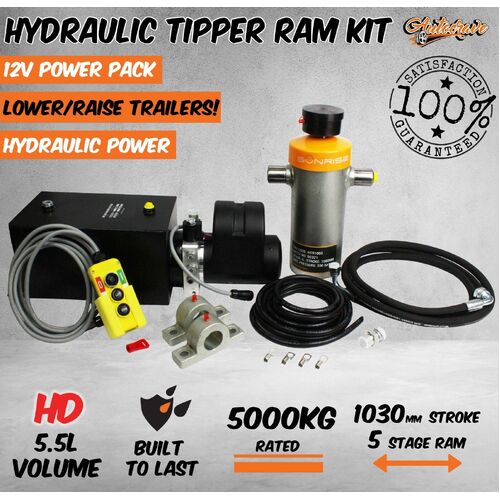 Hydraulic Ram Cylinder Tipper Trailer Kit Pump 1000mm Stroke 5 Stage 5000kg HD