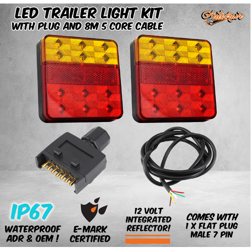 Pair Of 12 LED Trailer Lights Kit - 1x 7 Pin Flat Plug, 8m x 5 Core Cable 12V