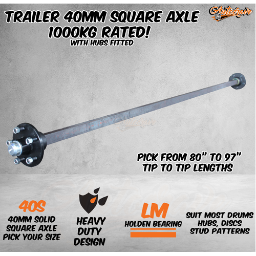 Trailer Square Solid 40mm Square Axle Axel Caravan Hub Drum Disc 1000kg 80-97"