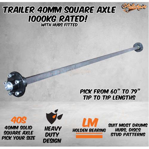 Trailer Square Solid 40mm Square Axle Axel Caravan Hub Drum Disc 1000kg 60-79"