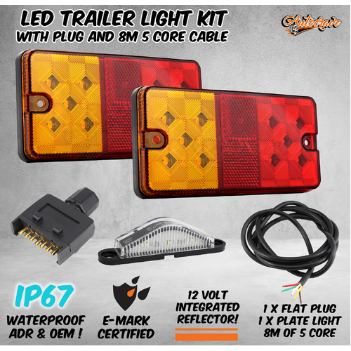 LED Light Kit Trailer Tail Lights With Flat Plug Number Plate And Cable 12V 1P67