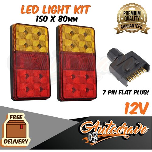 LED Trailer Tail Light Kit 7 Pin Flat Plug 5 Core Caravan Boat Adapter Marine x2