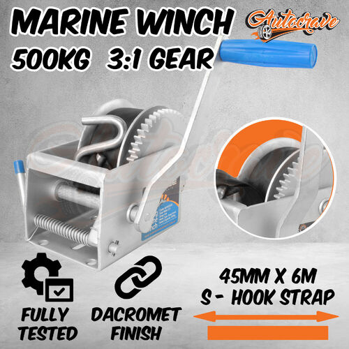 Marine Hand Winch Strap 6M - 500kg 3:1 Gear Ratio Boat Tinny Marine Grade