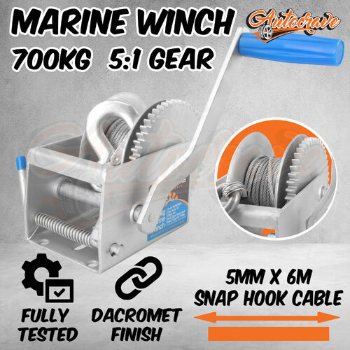 Marine Hand Winch Cable 6M - 700kg 5:1 Gear Ratio Boat Tinny Marine Grade