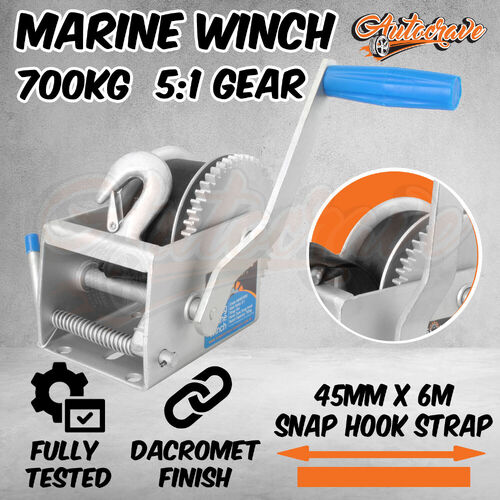 Marine Hand Winch Strap 6M - 700kg 5:1 Gear Ratio Boat Tinny Marine Grade