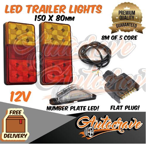 LED Trailer Tail Lights Number Plate Flat Plug 5 Core Wire Caravan Boat 150x80mm