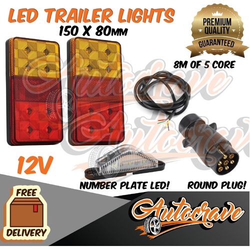 LED Trailer Tail Lights Number Plate Round Plug 5 Core Wire Caravan Boat 150x80