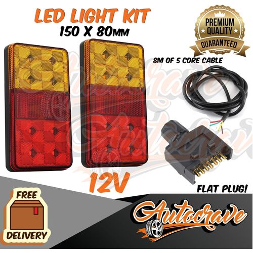 LED Trailer Tail Light Kit Pair Flat Plug 5 Core Wire Caravan Boat 150x80mm