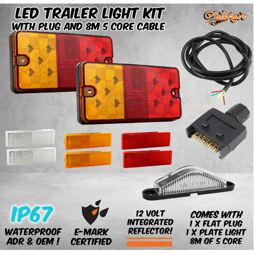 LED Trailer Tail Light Kit Pair Plug 8m 5 Core Wire Caravan Boat Ute Side Marker