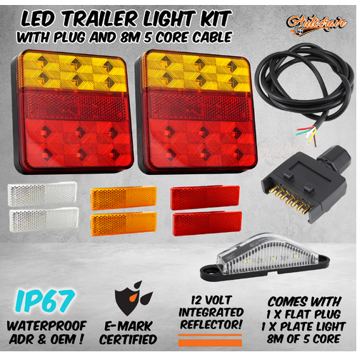 LED Trailer Tail Light Kit Square Number Plate Light Flat Plug Reflector 12V