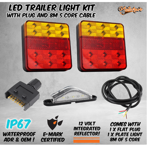 Pair Of 12 LED Trailer Lights Kit - 1x Number Plate, Plug, 8m x 5 Core Cable 12V