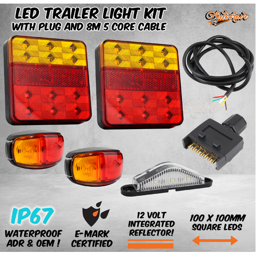 LED Trailer Light Kit Square Light Number Plate Light Flat Plug Side Markers 12V