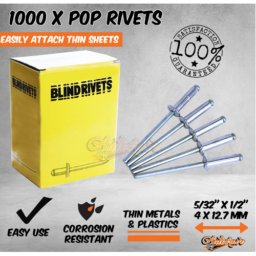 1000X Aluminum Pop Blind Rivet 5/32" x 1/2" Stem And Shell 4mm x 12.7mm Box