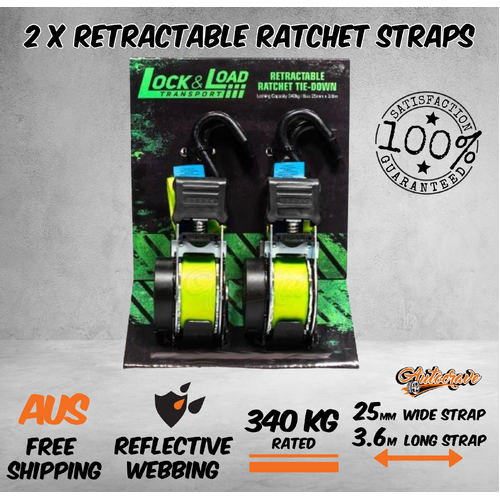 2x Ratchet Tie Down Straps Retractable Ratchet Strap 340kg Car Trailer 3.6M 25mm