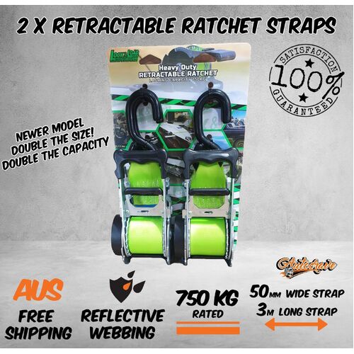 2x Ratchet Tie Down Straps Retractable Ratchet Strap 750kg Car Trailer 3m 50mm