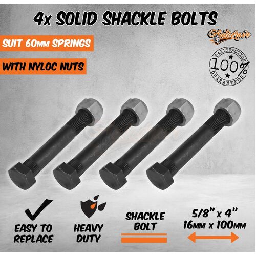 X4 Solid Shackle Bolt 5/8" Rocker Roller Spring 16mm Pin Caravan Trailer Nyloc