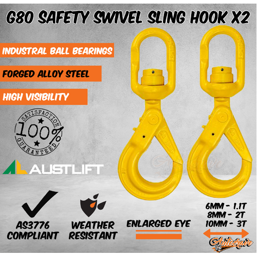 2x G80 Swivel Hook Safety Hook Catch Sling Eye Lifting Chain Connector 6, 8,10mm